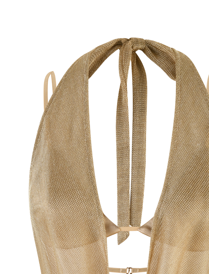 A close-up of the TIGERMIST MAKENA TWO-PIECE TOP 2.0 - GOLD, featuring a metallic halter-neck design with a sparkly, textured finish and an open back with adjustable tie neck straps.