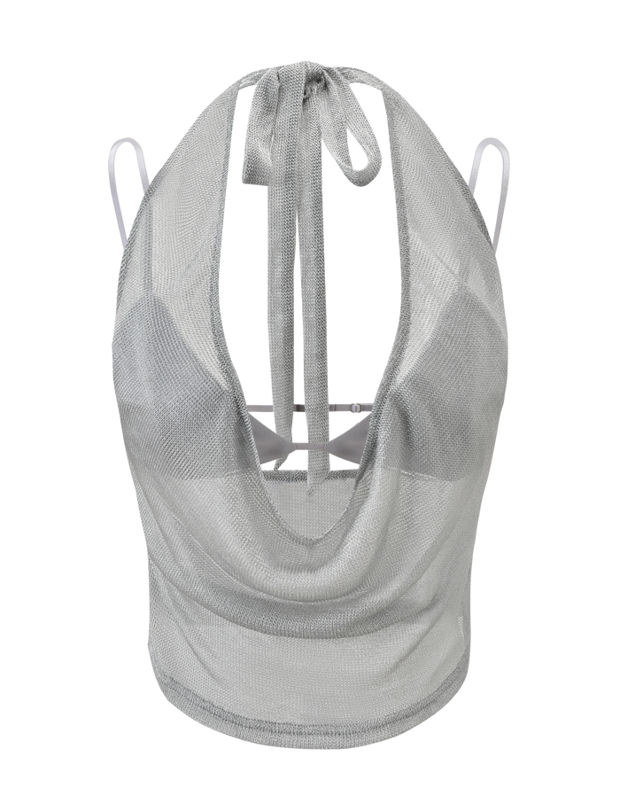 The MAKENA TWO-PIECE TOP 2.0 - SILVER by TIGERMIST shines with its metallic mesh cowl neck, spaghetti straps, and open back with neck tie, all in luxe sparkle fabric.