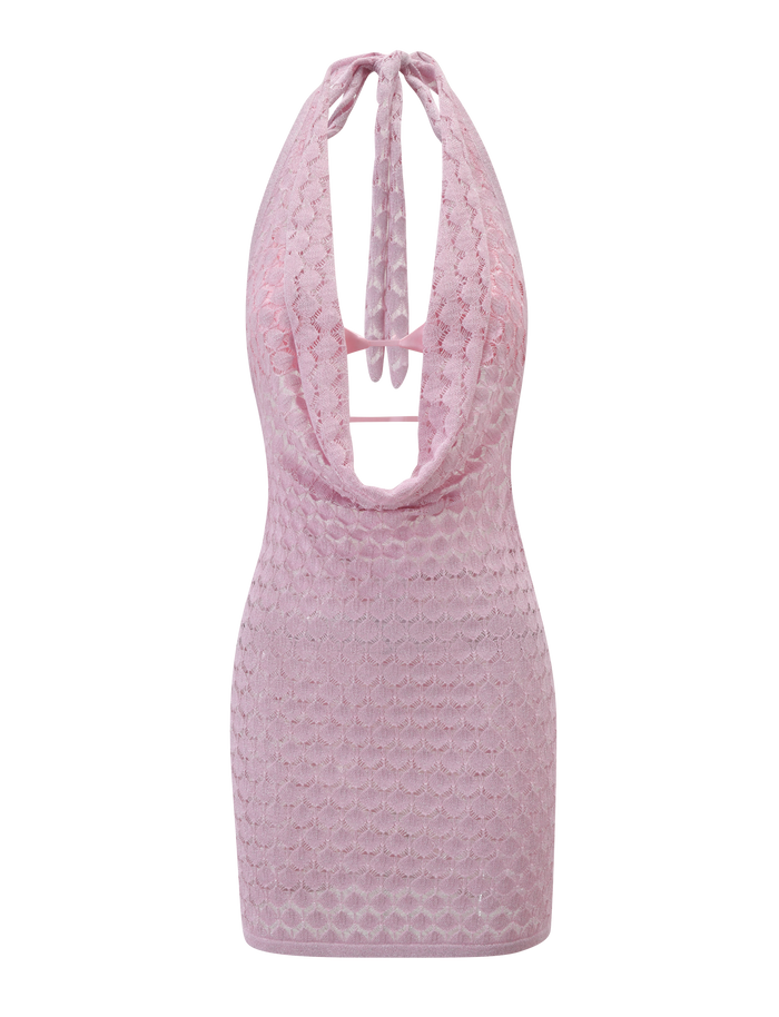 The TIGERMIST MAKENZIE CROCHET MINI DRESS in Shimmer Pink is a sleeveless mini dress with a halter neck tie, deep cowl neckline, and textured semi-sheer patterned fabric. Photographed against a plain white background.