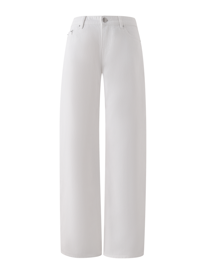 The MALIYA JEAN - WHITE by TIGERMIST features a high-waisted, wide-leg fit with a baggy silhouette, extra long inseam, front and back pockets, belt loops, and button-zip closure, shown against a plain white background.