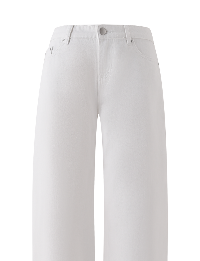 The TIGERMIST MALIYA JEAN - WHITE features a high-waisted, baggy fit in white denim, extra long inseam, belt loops, front pockets, and button closure, shown against a plain white background.