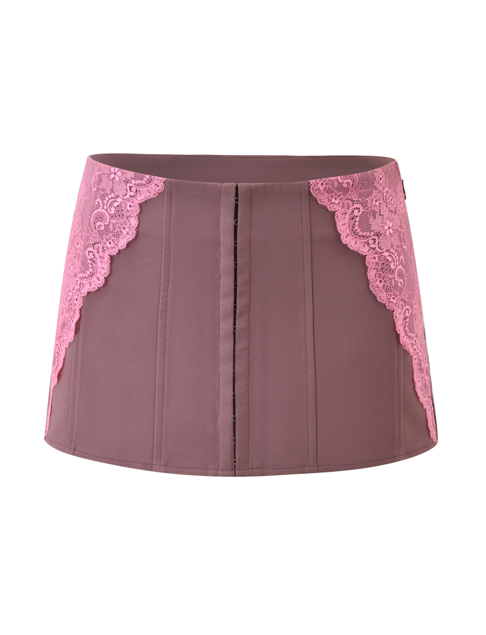 The TIGERMIST MARGARITA LACE MINI SKIRT in brown features vertical stitching and pink lace details along the sides, shown against a white background.