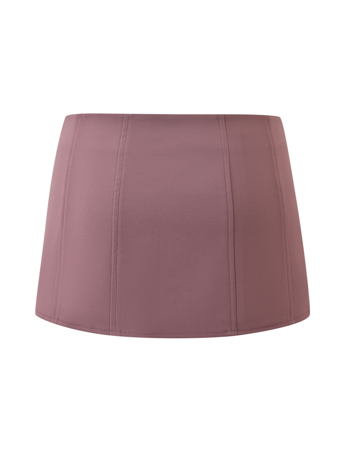 The TIGERMIST MARGARITA LACE MINI SKIRT in brown features vertical seams and a smooth, fitted look, similar to a pink lace skirt, showcased on a plain white background.