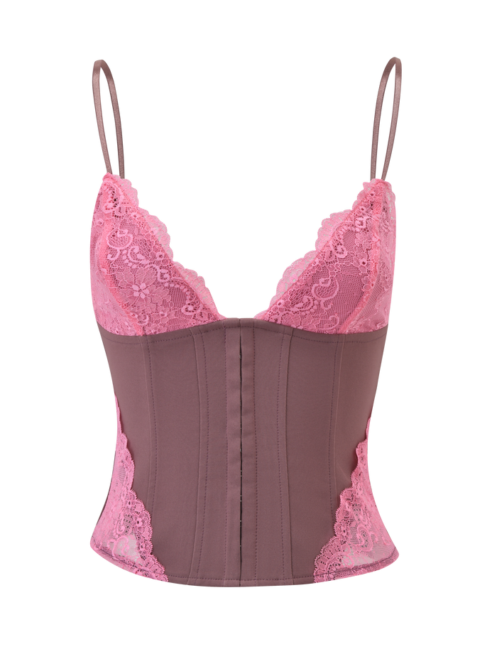 The MARGARITA LACE TRIANGLE CORSET by TIGERMIST is a brown corset top featuring adjustable straps and pink lace detailing on the bust and sides, shown against a plain white background.