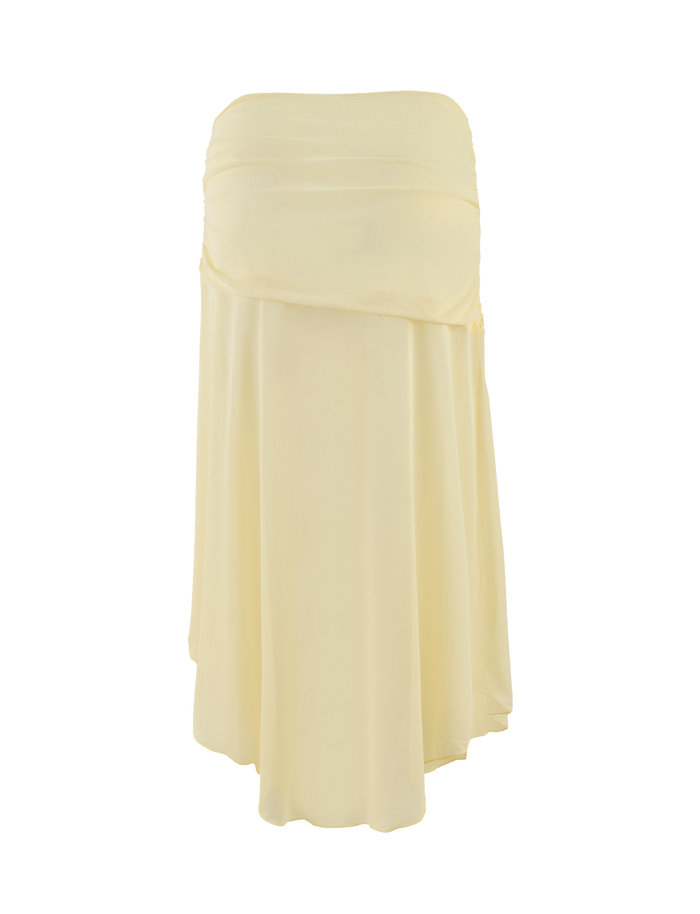The TIGERMIST MARIANA SKIRT in pale yellow is a strapless chiffon midi with a flowy, layered, asymmetric wrap silhouette, shown against a white background.