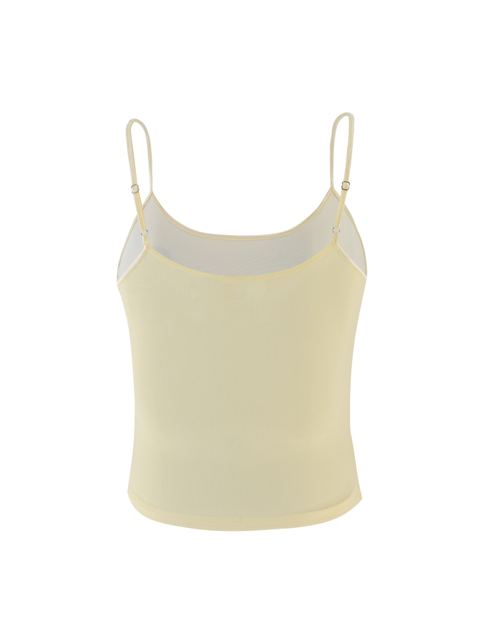 The MARIANA TOP by TIGERMIST is a pale yellow floral camisole featuring high-stretch fabric and thin adjustable spaghetti straps, shown on a plain white background.