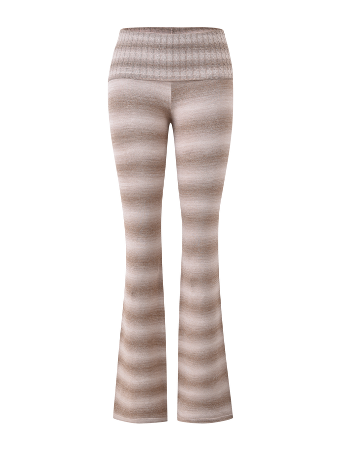 The TIGERMIST MARISSA FOLDOVER KNIT PANT in taupe ombre stripe features a beige and cream high-waisted, flared leg design with a ribbed foldover waistband, shown on a plain white background.