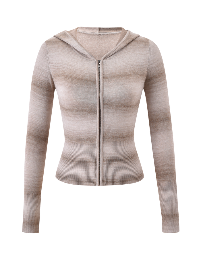 The TIGERMIST MARISSA JUMPER - TAUPE OMBRE STRIPE is a fitted, long-sleeve hooded knit featuring subtle beige and light brown horizontal stripes, shown against a plain white background.