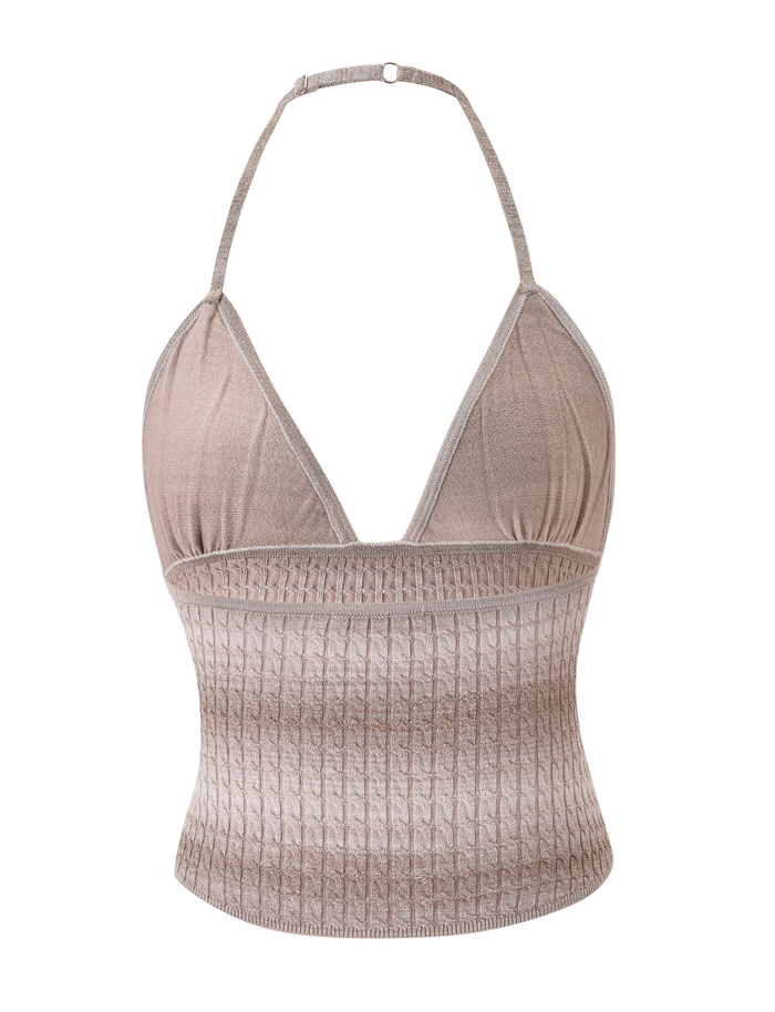 The MARISSA KNIT CAMI by TIGERMIST is a sleeveless taupe ombre stripe top featuring a halter neck with a deep V-neckline, ribbed texture from bust to waist, and an open back secured by a thin neck strap.