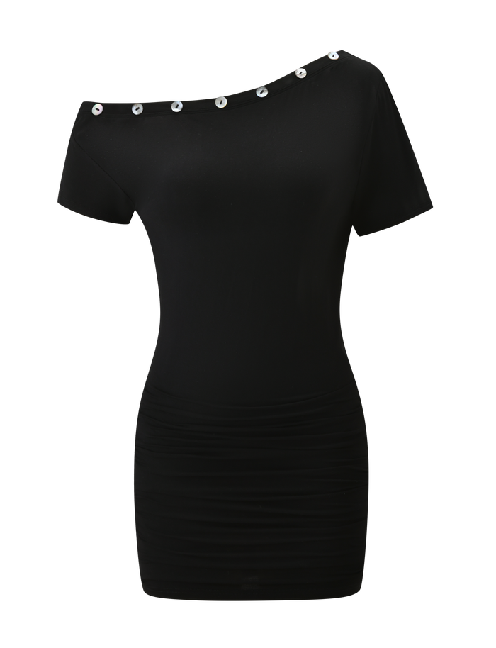 The MARITA DRESS - BLACK by TIGERMIST is a short-sleeved, bodycon mini dress with an asymmetrical neckline and silver buttons along one shoulder.