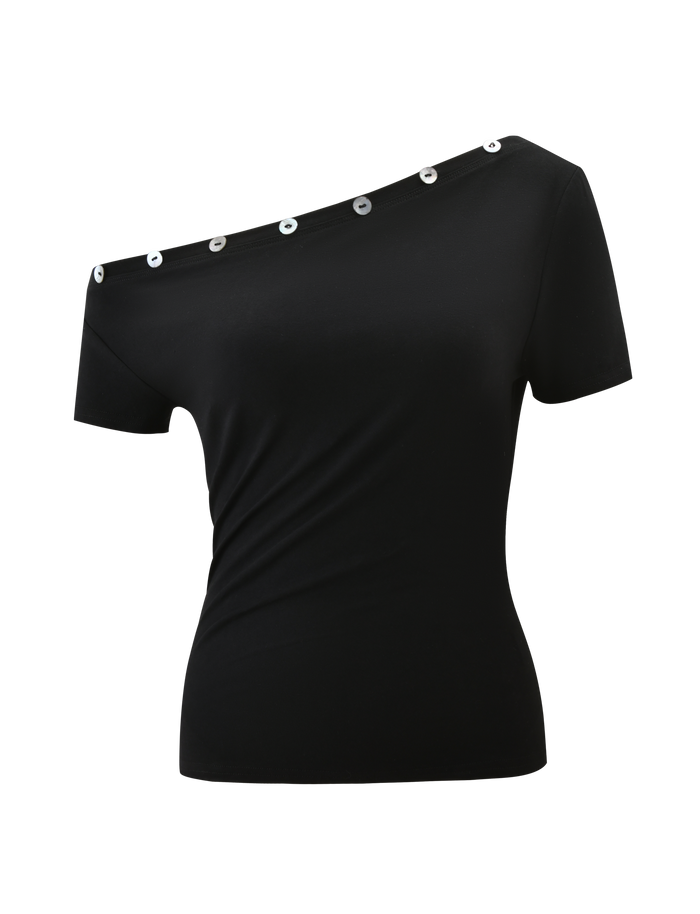 The MARITA TOP - BLACK by TIGERMIST is an off-the-shoulder tee with short sleeves, an asymmetrical neckline, silver grommet details along the top edge, and a chic exposed left shoulder for a stylish look.