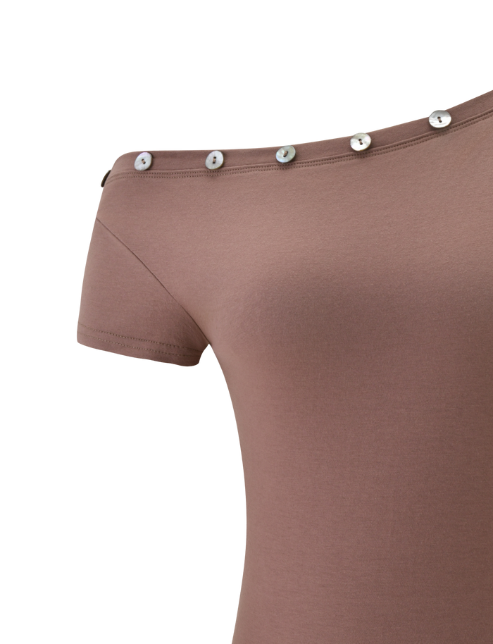 A close-up of the TIGERMIST MARITA TOP in mocha, an off-the-shoulder style with short sleeves and chic button detail along its asymmetrical neckline.