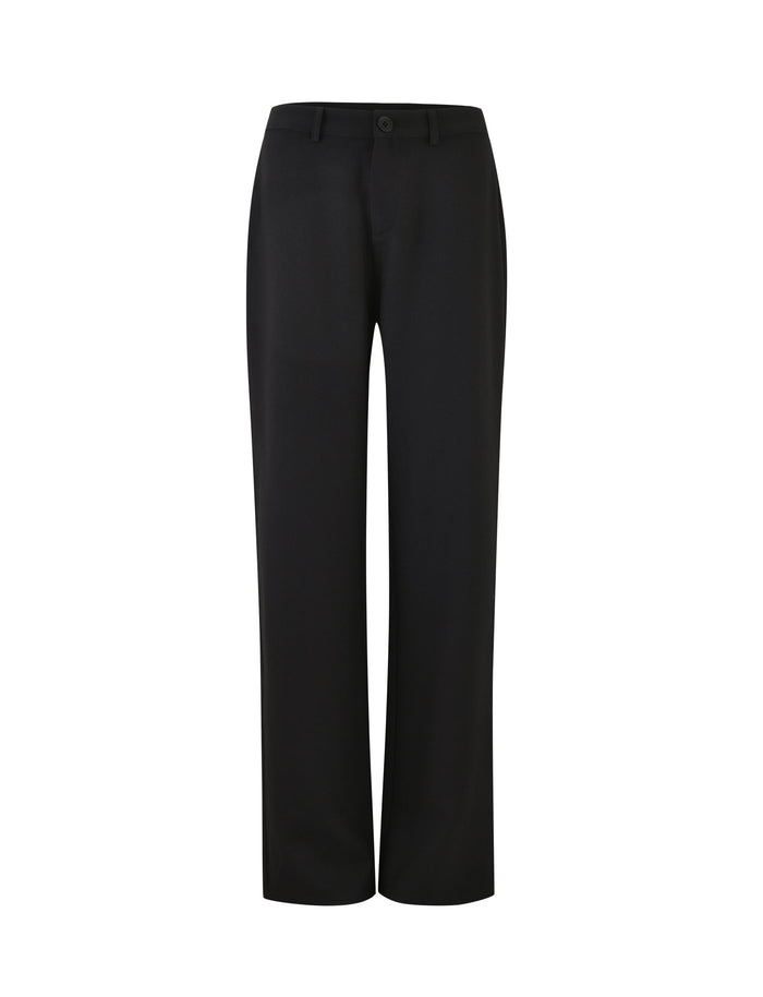 The MARJORIE PANT - BLACK from TIGERMIST is a pair of black formal trousers with a straight-leg design. These trousers feature a button and zip closure at the front, belt loops, and no visible pockets. The fabric has a smooth and slightly glossy texture, providing a polished look.