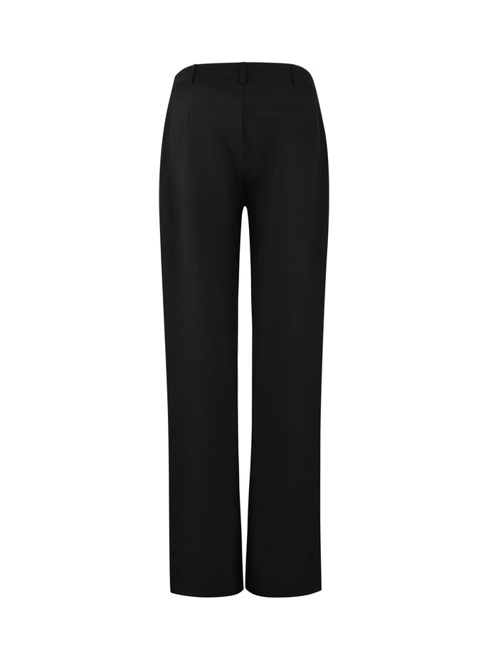 The MARJORIE PANT - BLACK from TIGERMIST is a pair of black formal trousers featuring a straight-leg design. These trousers include belt loops, back pockets, and boast a clean, tailored appearance. The image depicts the back view of the trousers against a white background.