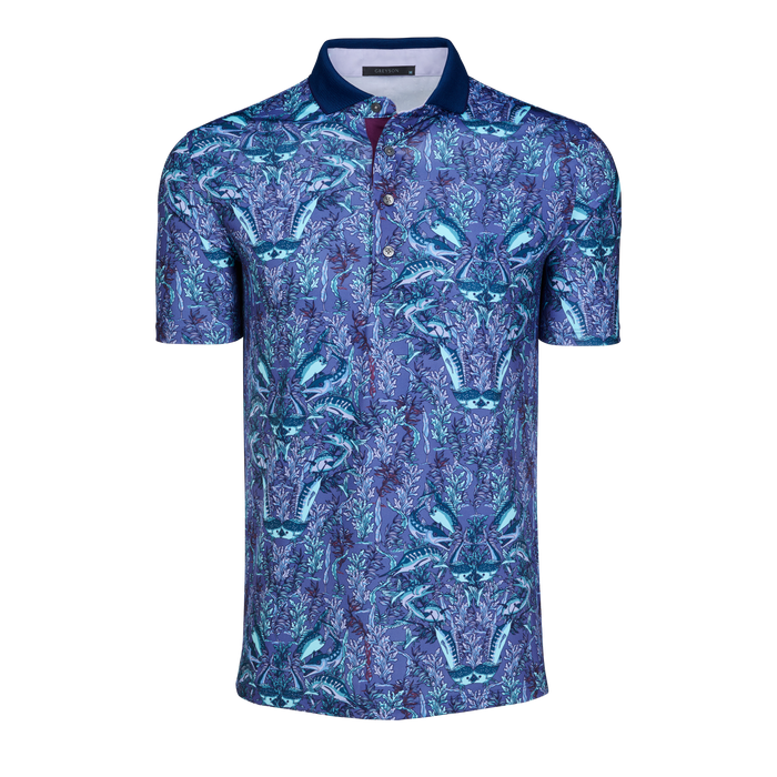 Falcon Marlin Curiosities Short Sleeve Polo - Front View, graphic marlin print premium golf polo | Greyson Clothiers
