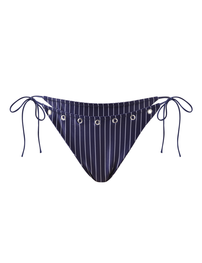 The TIGERMIST MARREN BIKINI BOTTOM in navy pinstripe features silver eyelets on the waistband and adjustable side ties, shown against a white background.