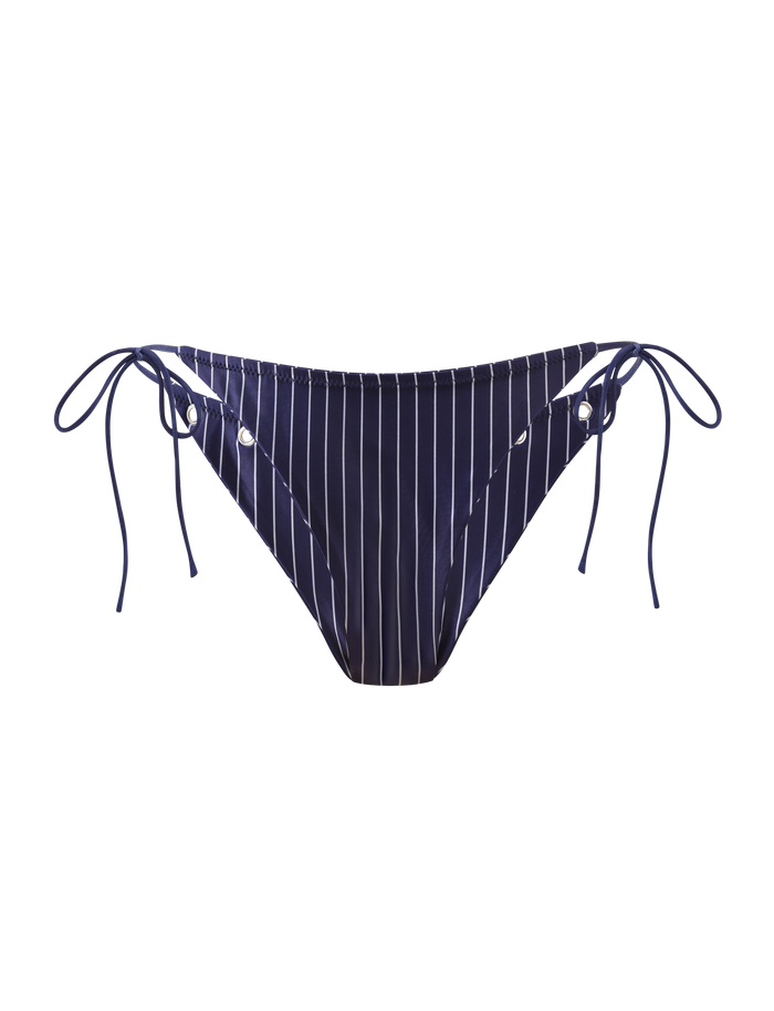 The TIGERMIST MARREN BIKINI BOTTOM in navy pinstripe features white vertical stripes, adjustable side ties with silver eyelets, and is shown against a plain white background.