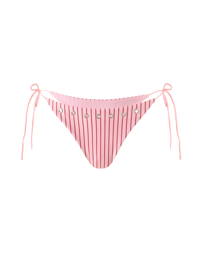 The MARREN BIKINI BOTTOM - PINK STRIPE by TIGERMIST features pink pinstripes with vertical black stripes, silver grommet waist details, and adjustable side ties, shown against a white background.