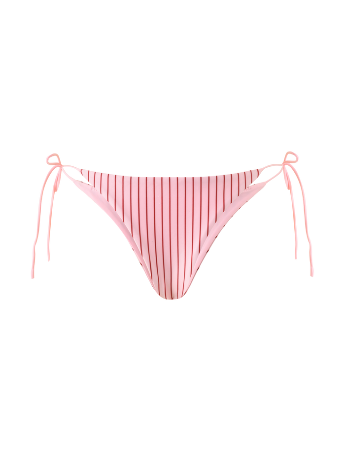 The TIGERMIST MARREN BIKINI BOTTOM - PINK STRIPE features an exclusive print, adjustable side ties, and is shown against a plain white background.