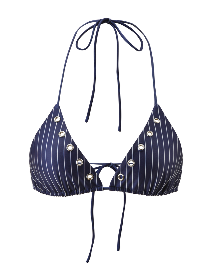 The TIGERMIST MARREN BIKINI TOP - NAVY PINSTRIPE features an exclusive pinstripe design with white vertical stripes, silver grommet accents, and adjustable halter and front tie strings.
