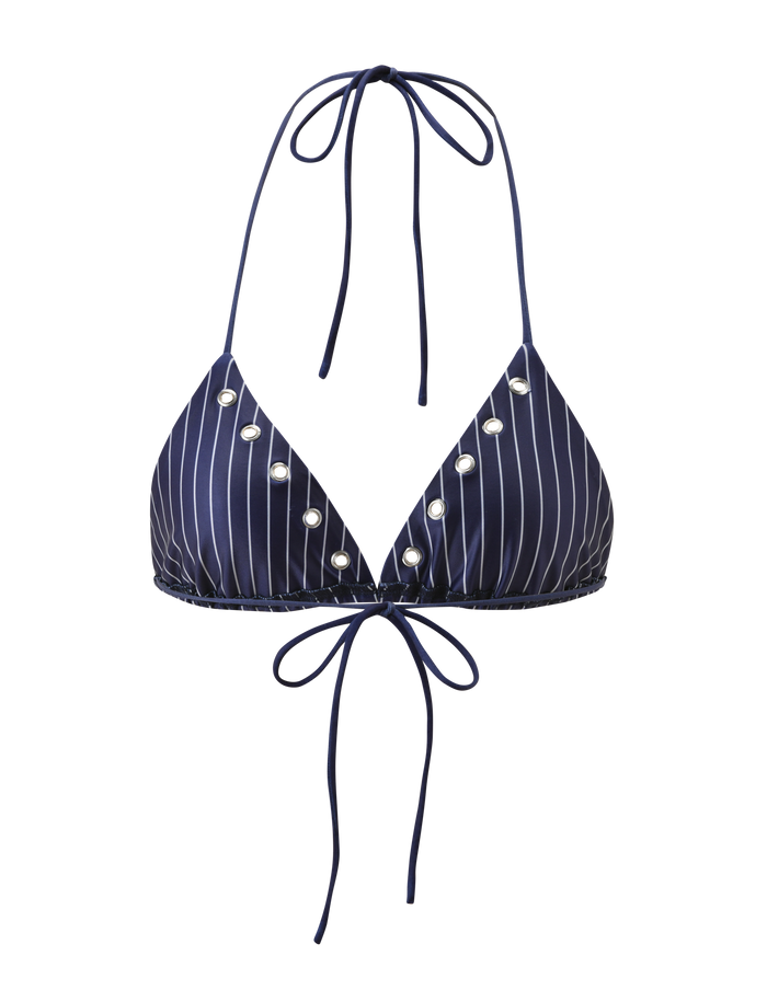 The MARREN BIKINI TOP - NAVY PINSTRIPE by TIGERMIST features white vertical stripes, small silver buttons, and adjustable halter ties at the neck and back, blending exclusive print swimwear style with comfort.
