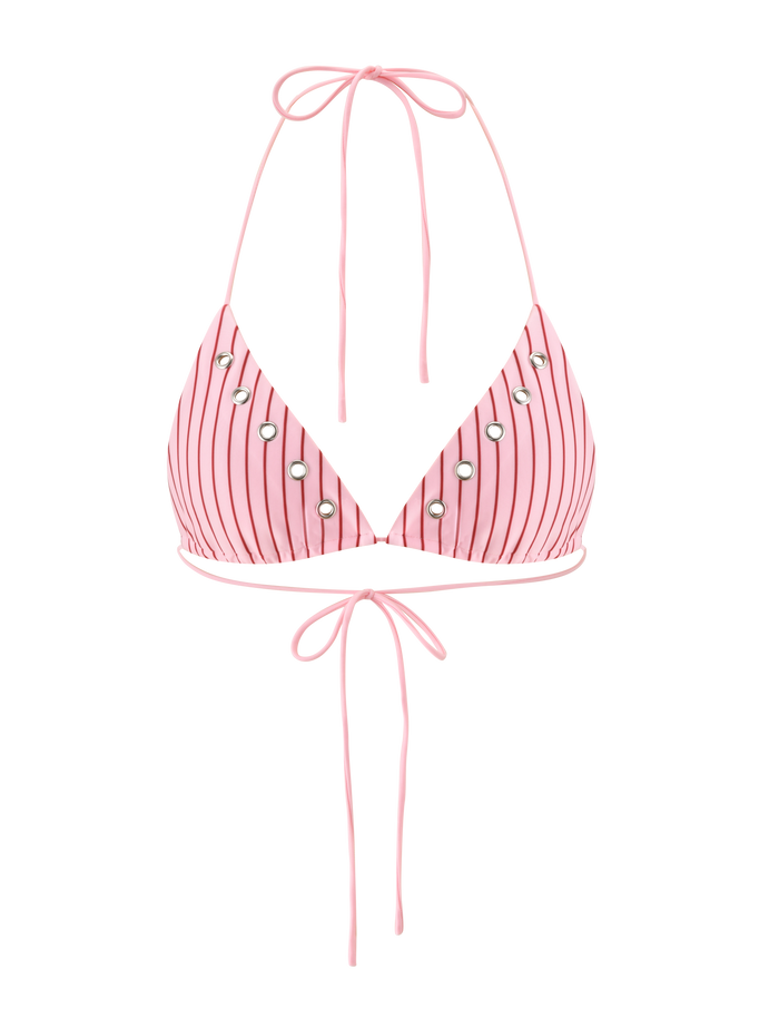 The TIGERMIST MARREN BIKINI TOP - PINK STRIPE features silver eyelet accents and adjustable string ties, making it a must-have for exclusive print swimwear lovers.