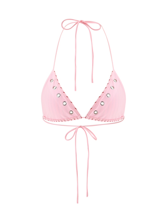 The TIGERMIST MARREN BIKINI TOP - PINK STRIPE is a light pink striped adjustable halter bikini top with back ties and silver grommet accents—ideal for mixing with your favorite exclusive print swimwear.