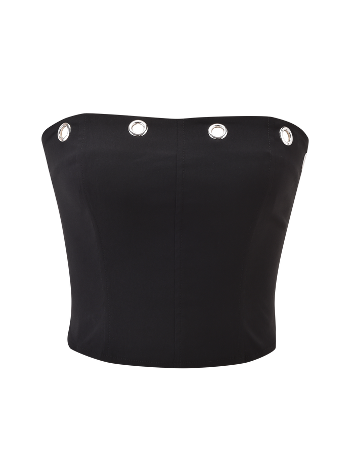 The MARREN CORSET - BLACK by TIGERMIST is a strapless black corset top with oversized silver eyelets along the top edge and subtle princess seams, shown against a plain white background.