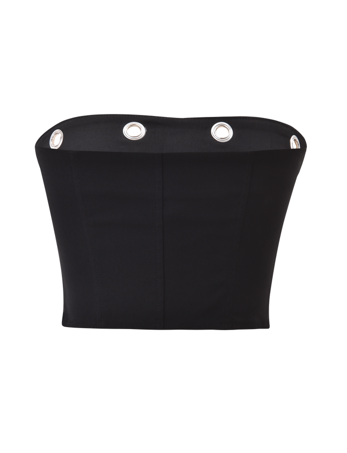 The TIGERMIST MARREN CORSET - BLACK is a strapless corset-style top featuring oversized silver eyelet grommets along the upper edge and subtle princess seams, shown against a plain white background.