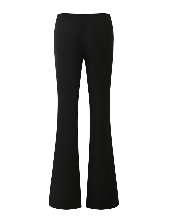 The MARREN PANT - BLACK by TIGERMIST features a high waist, slim fit through the thighs, and flared legs. Shown from the back against a white background, these black pants offer a classic silhouette.