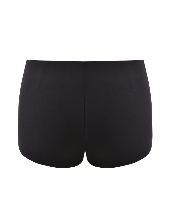 The MARREN SHORT - BLACK by TIGERMIST is a high-waisted women's swim bottom, shown from the back on a plain white background, featuring subtle corset-inspired details.