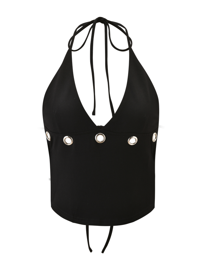 The TIGERMIST MARREN TOP - BLACK is a halter neck style with a deep V-neckline, silver grommet accents on the front, and tie straps at the neck and back for a striking backless look.