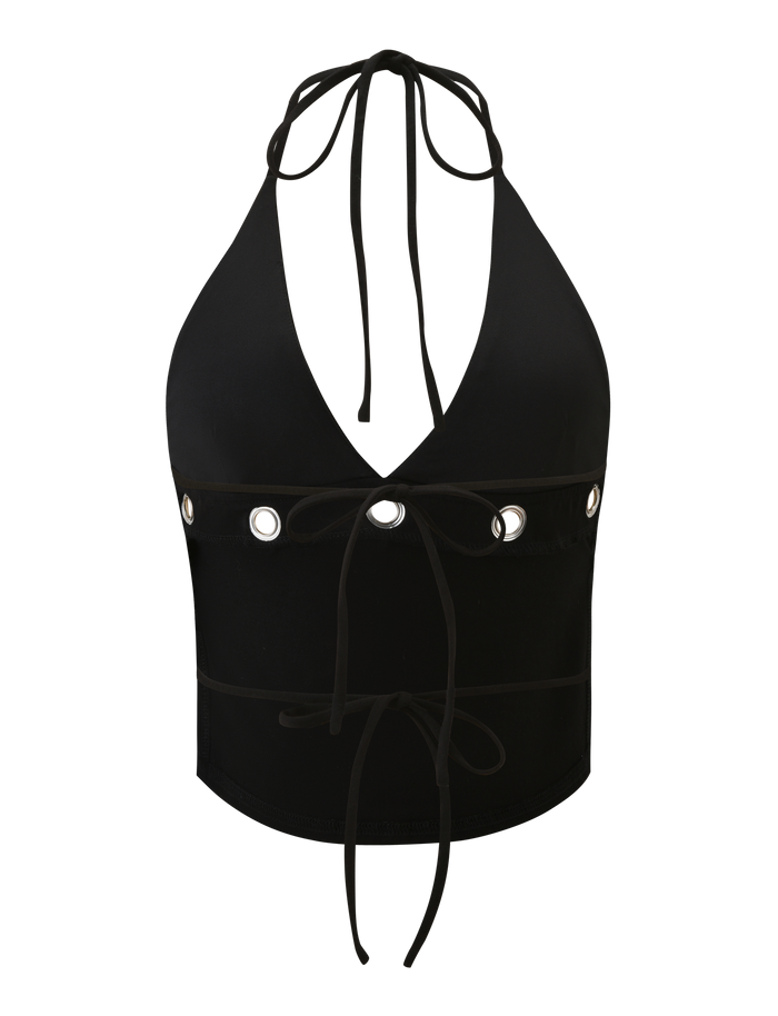 The MARREN TOP - BLACK by TIGERMIST is a black backless halter-neck crop top with a deep V neckline, grommet details under the bust, and lace-up ties at the neck and front.