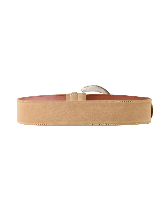 The TIGERMIST MARTINA BELT in tan features visible stitching, a large silver buckle, and a wide faux suede design, shown against a white background.