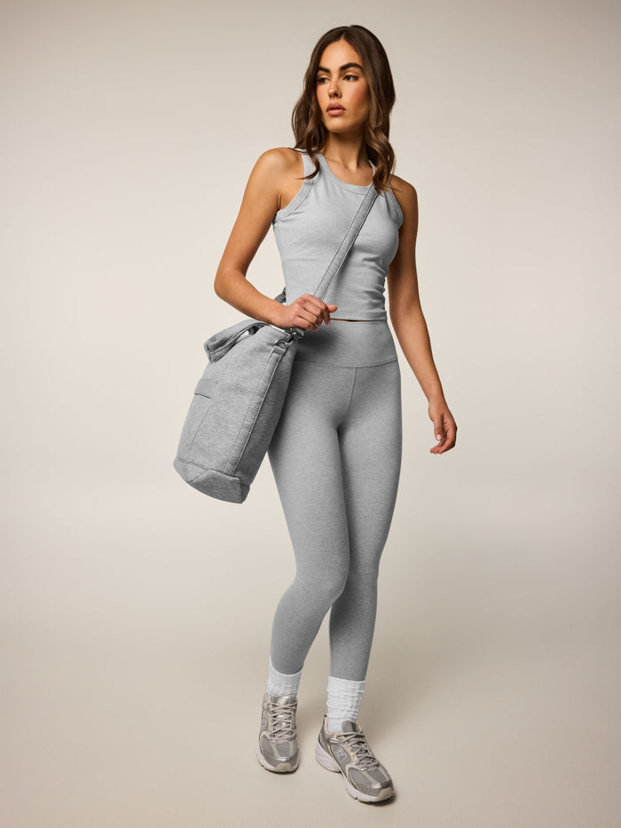 Greyson Clothiers Melange Kristina Tote Light Grey Heather - Full Body Lifestyle Shot, Worn as Shoulder Bag
