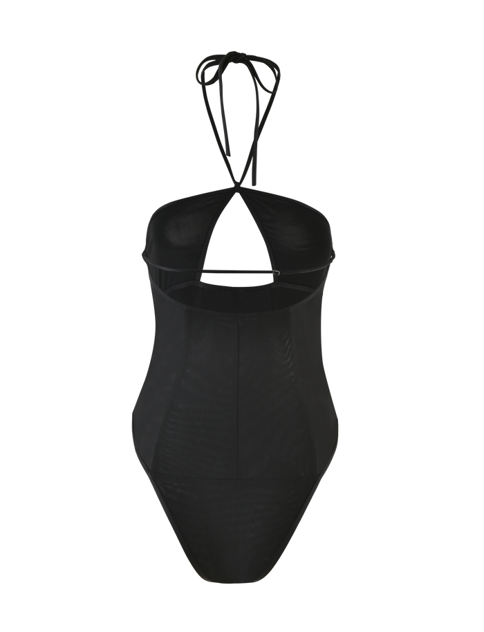 The MELANIA BODYSUIT by TIGERMIST features a black halter neck, high-cut leg, adjustable strap, and high stretch fabric for comfort. Its sleek, minimalistic design is showcased against a neutral background.
