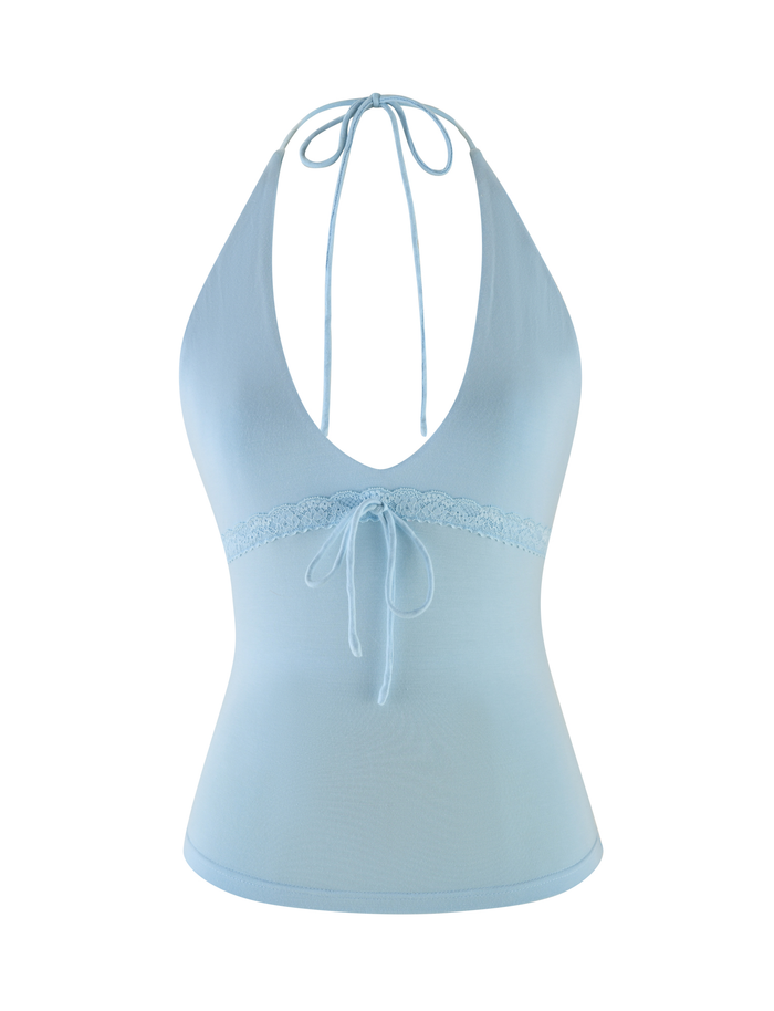 The TIGERMIST MELLIE HALTER TOP in baby blue features a deep V-neckline, lace trim under the bust, back and front center ties, and is crafted from high stretch fabric for a flattering, comfortable fit.