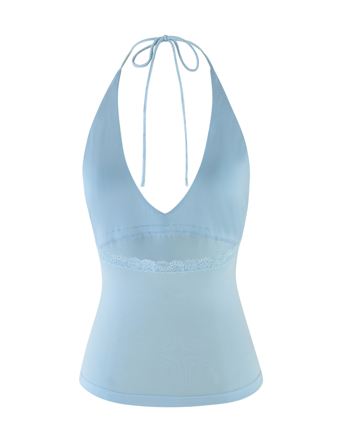 The TIGERMIST MELLIE HALTER TOP in baby blue features a deep V neckline, lace trim under the bust, adjustable neck ties, and a slightly flared hem. Made from high stretch fabric for a smooth, fitted silhouette.