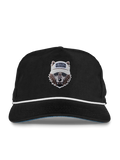 Black Nylon Members Only Wolf Caddie Rope Hat - Front View, Embroidered Wolf Patch, White Rope Brim | Greyson Clothiers