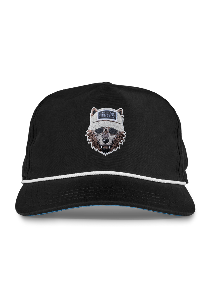 Black Nylon Members Only Wolf Caddie Rope Hat - Front View, Embroidered Wolf Patch, White Rope Brim | Greyson Clothiers