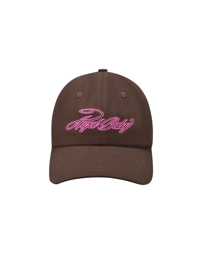 The TIGERMIST MERRYN CAP - CHOCOLATE is a brown 5-panel hat with pink "Royal Daily" embroidery on the front, shown on a white background—ideal for adding a playful Angel Baby touch to your style.