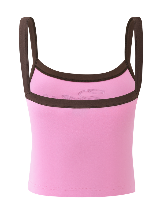 The MERRYN TANK - PINK by TIGERMIST features brown straps and trim along the neckline and armholes. Shown from the back against a white background, this stylish crop is perfect for fans of bold, graphic tanks.