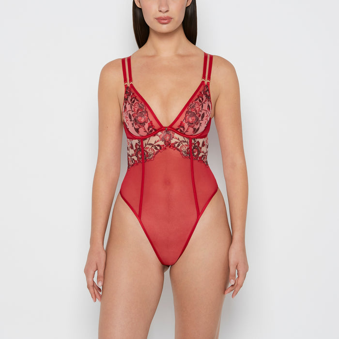 Mesh Bodysuit in Evening Blush with Crimson and Russian Ruby