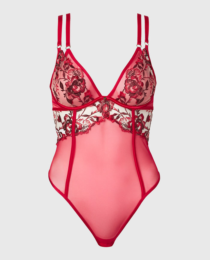 Mesh Bodysuit in Evening Blush with Crimson and Russian Ruby