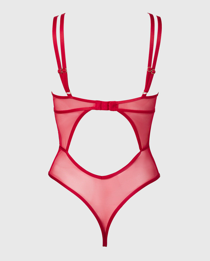 Mesh Bodysuit in Evening Blush with Crimson and Russian Ruby