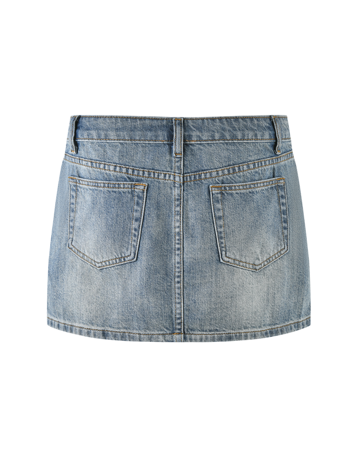 Back view of the TIGERMIST MICHAYLA MINI SKIRT - MID WASH, made from rigid light blue denim with two back pockets, belt loops, and visible stitching.