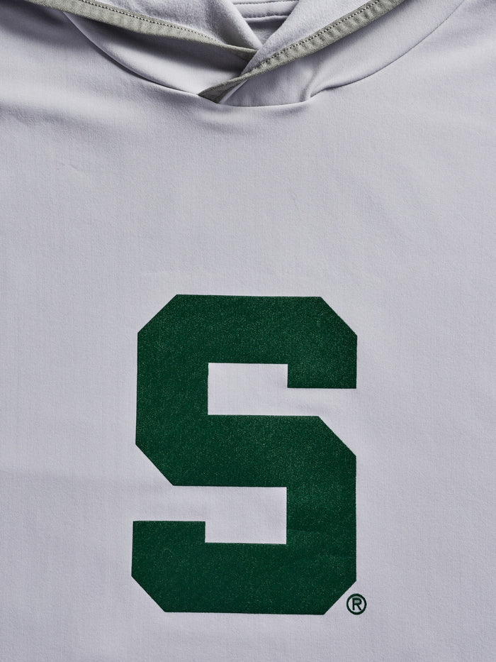Michigan State Colorado Hoodie - Close-Up of Block S Spartan Logo on Technical Fabric | Greyson Clothiers