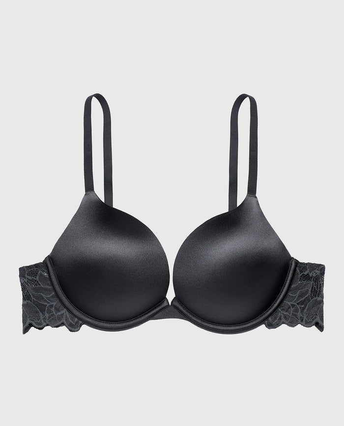 Micro cup push up bra with Reverie Lace Wing in Ebony
