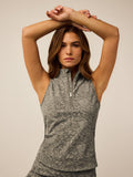 Clay Multi Midas Wolf Jacquard Sleeveless Quarter-Zip - Front On Model, Arms Raised | Greyson Clothiers