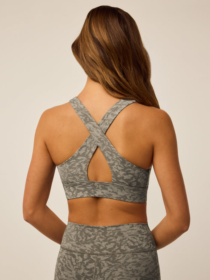 Clay Multi Midas Wolf Jacquard Sports Bra - Back View, Crossback Straps & Cutout Detail | Greyson Clothiers